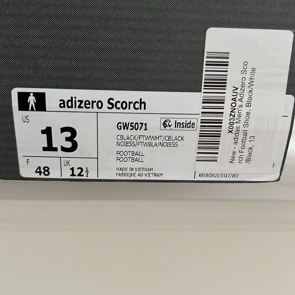 NWT Adidas Men's Adizero Scorch football cleats in black and white. Size 13 - Picture 7 of 7